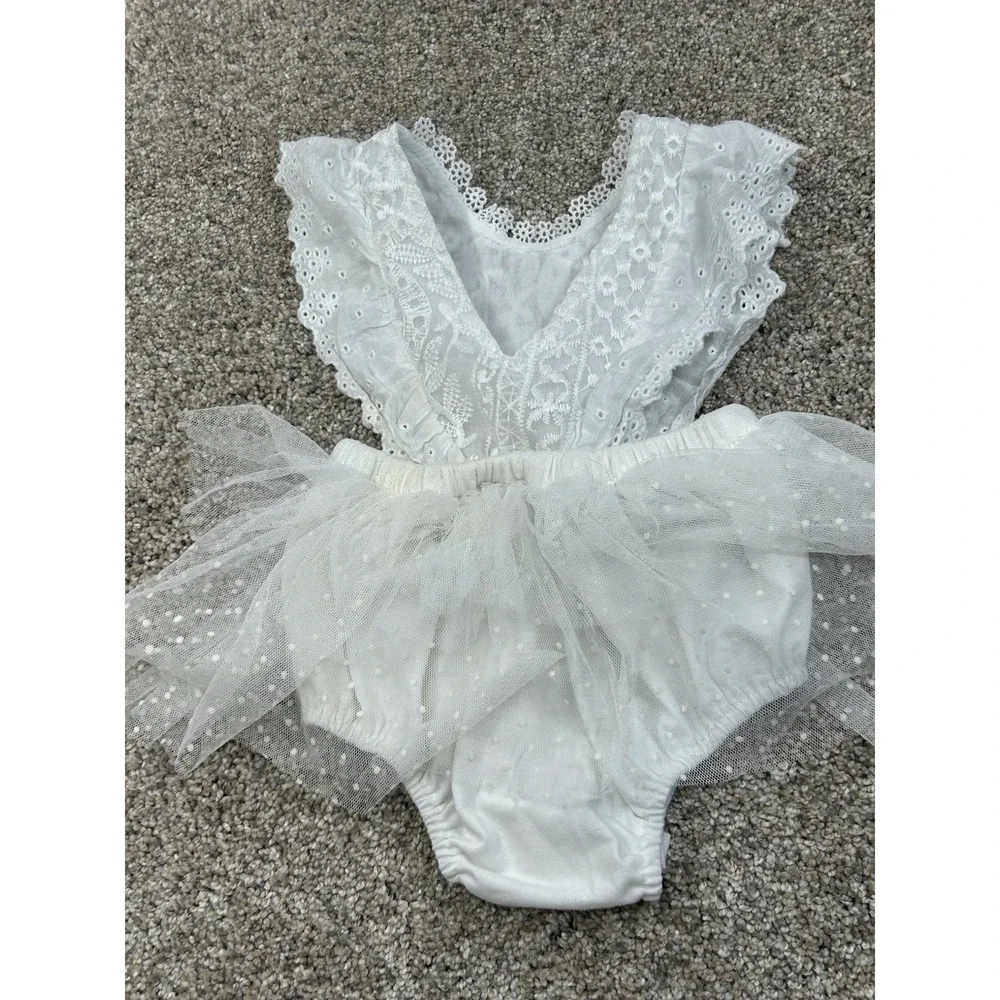 Romper Skirt Tul Size 0-3‎ Months White Button Sleeveless #0117